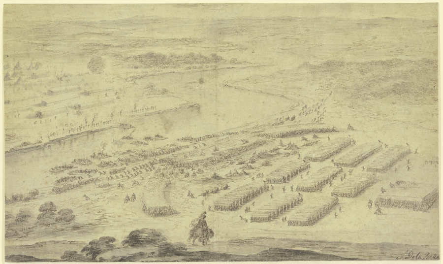 Eine Schlacht an einem Fluss, die eine Armee setzt auf Flößen über denselben from Stefano della Bella