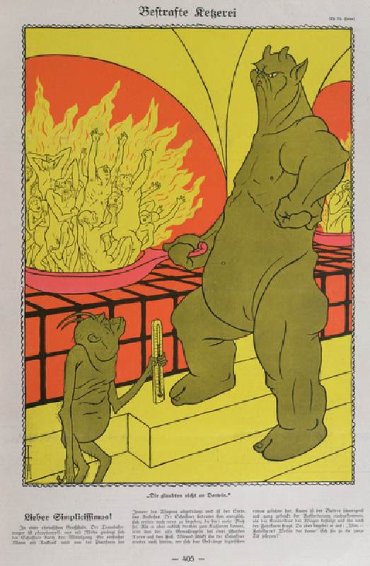 The Devil Burning the Disbelievers, from Simplicissimus, 12th October 1925  (colour litho) - Thomas Theodor Heine