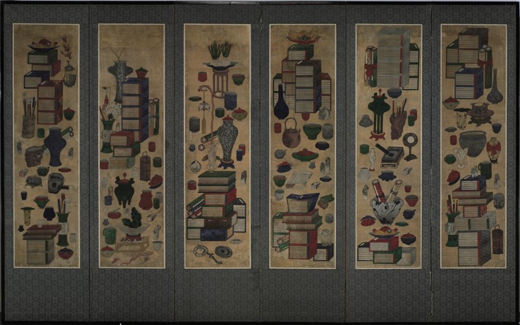 Scholar's books and utensils (Ch'aekkori). Six-section folding screen from Unbekannter Künstler